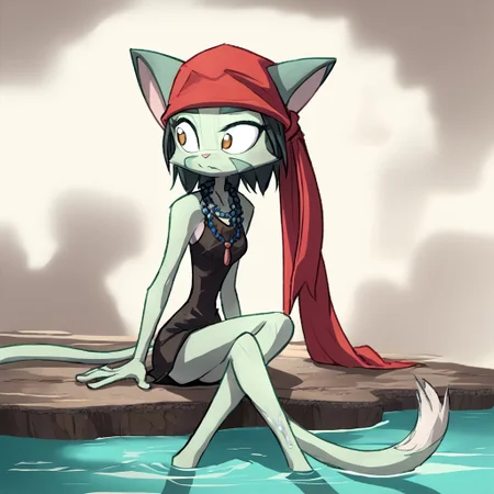 score_9, score_8_up, score_7_up, source_anime, BREAK
lilith_calah, 1girl, furry female, furry, solo, tail, animal ears,
kojiann, short hair, black short dress, sleeveless, bead necklace, red bandana, sitting, crossed legs, <lora:Anna damp-000008:1>