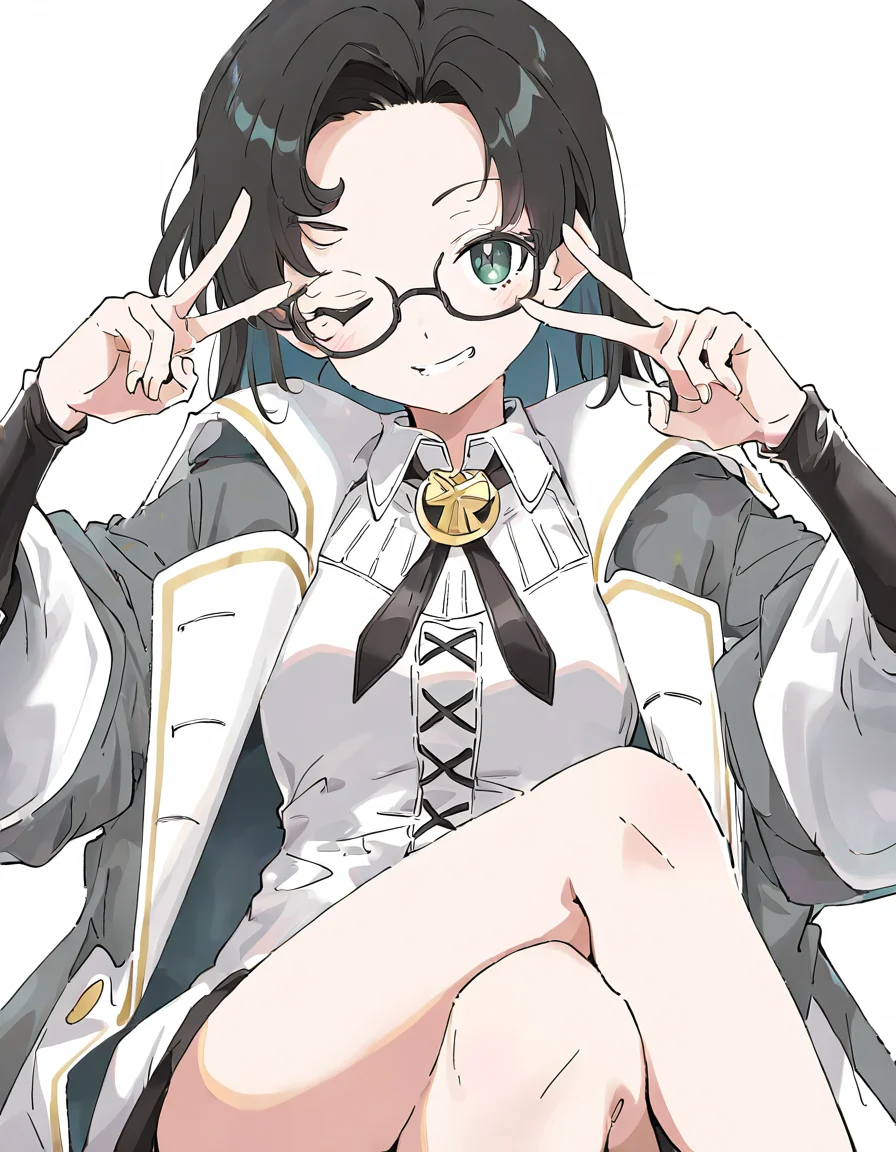 zhangzhizhi,1girl,solo,simple background,white background,looking at viewer,cowboy shot,sitting,double v,one eye closed,crossed_legs,smile,<lora:zhangzhizhi-000008:1>,, masterpiece, best quality, very aesthetic, absurdres,newest, incredibly absurdres,, (Ixy:0.6)),(hiten \(hitenkei\):0.7),