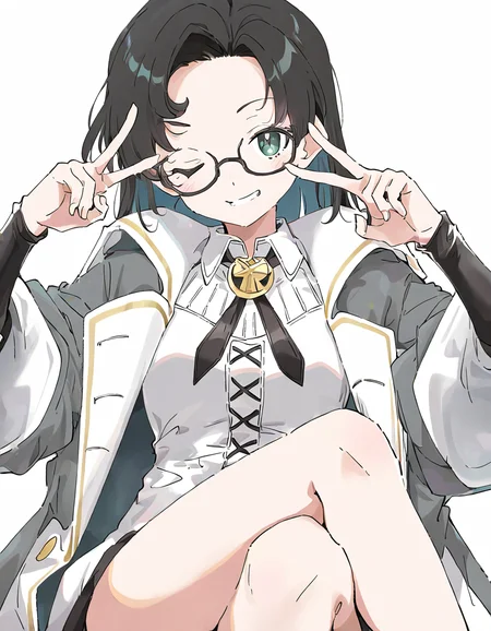 zhangzhizhi,1girl,solo,simple background,white background,looking at viewer,cowboy shot,sitting,double v,one eye closed,crossed_legs,smile,<lora:zhangzhizhi-000008:1>,, masterpiece, best quality, very aesthetic, absurdres,newest, incredibly absurdres,, (Ixy:0.6)),(hiten \(hitenkei\):0.7),