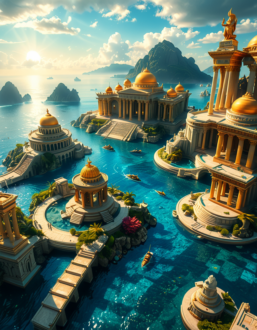 A breathtaking view of the lost city of Atlantis, submerged beneath crystal-clear ocean waters. The city showcases a magnificent blend of ancient Greek and futuristic architecture, with towering marble temples, golden domes, and intricate carvings glowing under the soft bioluminescent light of coral reefs. Majestic pillars and archways, partially covered in coral and algae, rise from the ocean floor, creating an atmosphere of mystery and forgotten grandeur. The sunlight filters through the water, casting shimmering patterns on the grand stone pathways and illuminating massive statues of gods and mythical beings, eroded by time. The scene is peaceful and awe-inspiring, with an ethereal blue glow enhancing the dreamlike, almost magical quality of this underwater utopia. No marine creatures or human presence disrupt the timeless serenity of this lost civilization.
 <lora:atl4nt1s:1>,atl4nt1s,<lora:SDXLFaeTastic2400:0.4> <lora:extremely_detailed:0.4> extremely detailed, Masterpiece,best quality,hi res,8k,hi res,8k,award winning,(sharp focus, intricate, highly detailed),