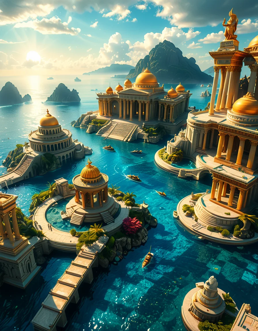 A breathtaking view of the lost city of Atlantis, submerged beneath crystal-clear ocean waters. The city showcases a magnificent blend of ancient Greek and futuristic architecture, with towering marble temples, golden domes, and intricate carvings glowing under the soft bioluminescent light of coral reefs. Majestic pillars and archways, partially covered in coral and algae, rise from the ocean floor, creating an atmosphere of mystery and forgotten grandeur. The sunlight filters through the water, casting shimmering patterns on the grand stone pathways and illuminating massive statues of gods and mythical beings, eroded by time. The scene is peaceful and awe-inspiring, with an ethereal blue glow enhancing the dreamlike, almost magical quality of this underwater utopia. No marine creatures or human presence disrupt the timeless serenity of this lost civilization.
<lora:atl4nt1s:1>,atl4nt1s,<lora:SDXLFaeTastic2400:0.4> <lora:extremely_detailed:0.4> extremely detailed, Masterpiece,best quality,hi res,8k,hi res,8k,award winning,(sharp focus, intricate, highly detailed),