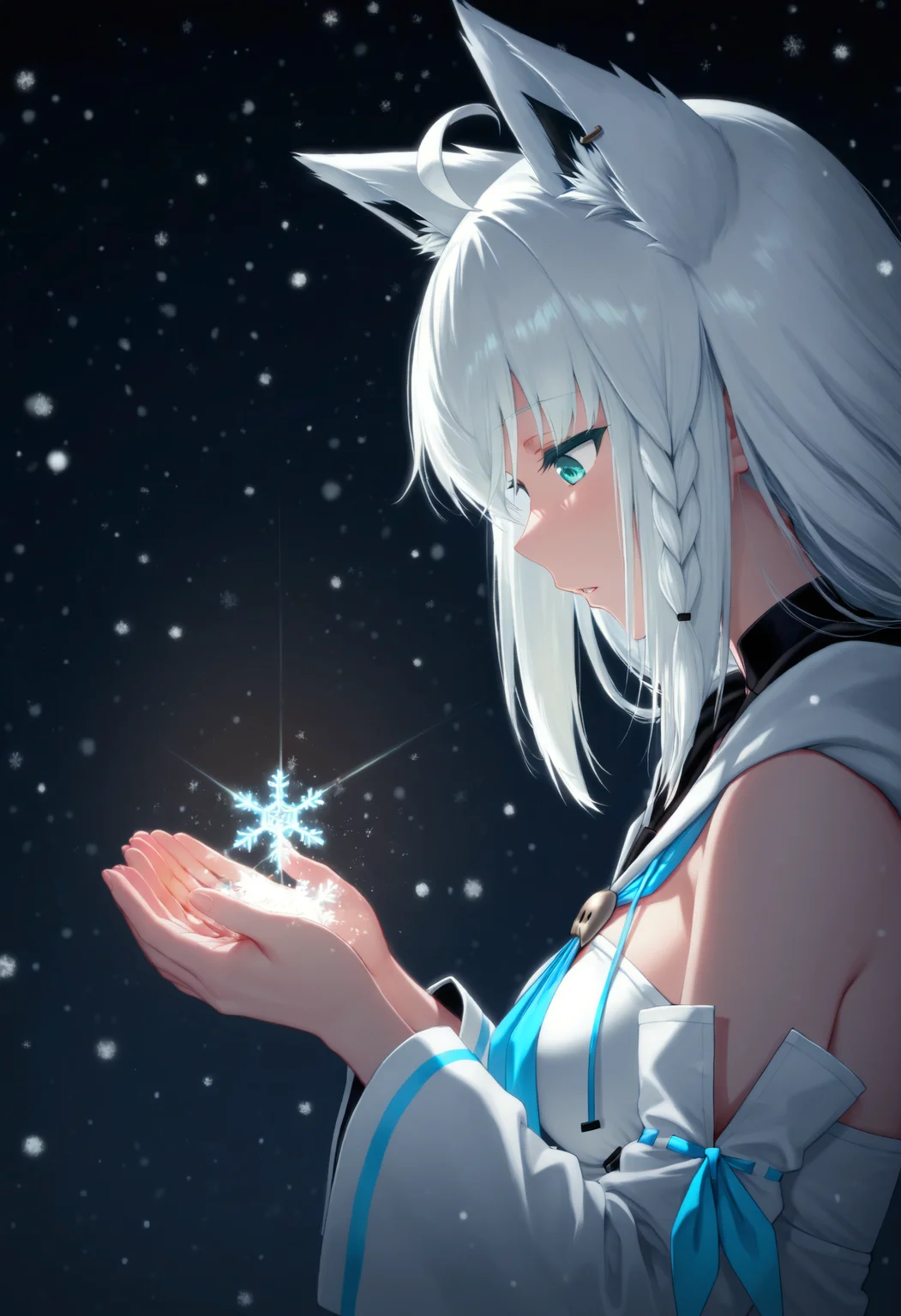 shirakami fubuki \(1st costume\), from side, cupping hands, dark, snowing, snowflakes, diffraction spikes, parted lips, looking down, masterpiece, best quality