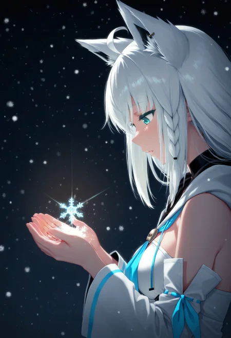 shirakami fubuki \(1st costume\), from side, cupping hands, dark, snowing, snowflakes, diffraction spikes, parted lips, looking down, masterpiece, best quality
