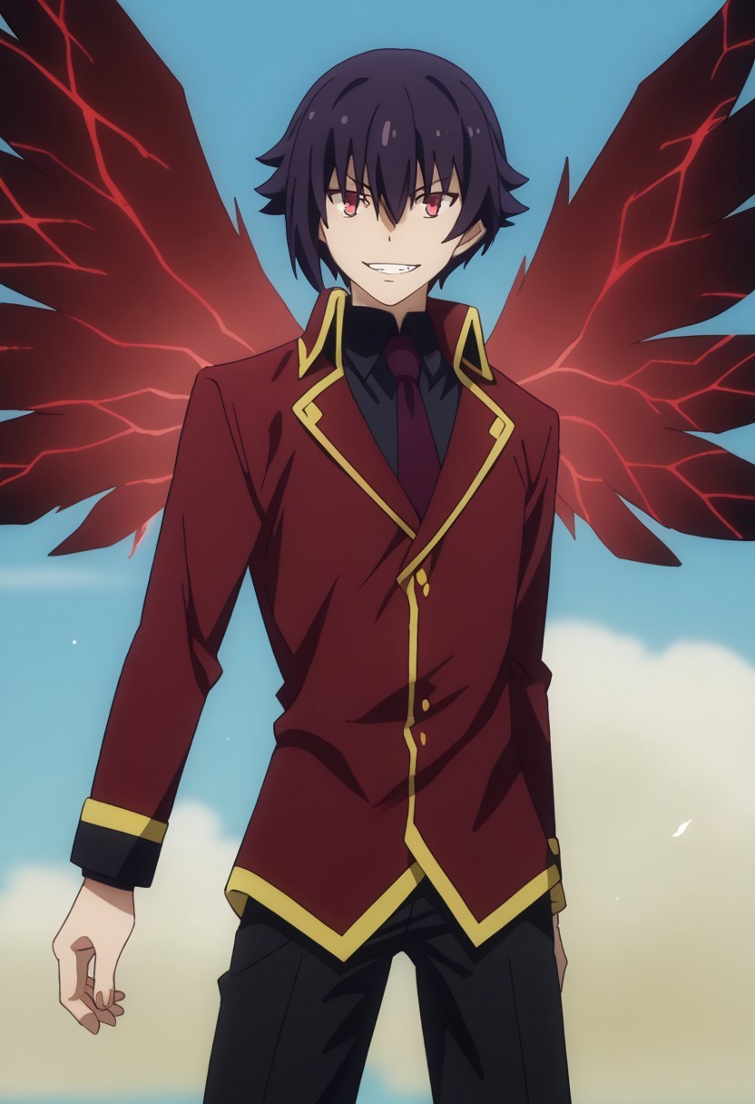 score_9, score_7_up, source_anime 

gekkou, 1boy, male focus, solo, red eyes, black hair, hair between eyes, school uniform, shirt, black shirt, collared shirt, necktie, red necktie, coat, red coat, high collar, double-breasted, pants, wings, feathers, energy wings, large wings, glowing wings, fantasy, spread wings, green, sky, evil grin,