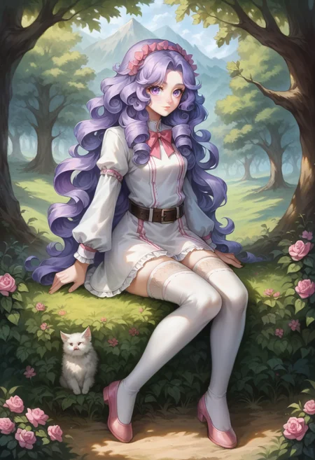masterpiece, very aesthetic, source_anime, score_9, quasarcake, detailed background, superb, 1girl, long hair light purple hair, curly hair, cute, eyelashes, sitting, white dress, pink ribbon, belt, pink flats, white thighhighs, beautiful 8k wallpaper, outdoors, nature, tree, bush, flower, rustic, extremely detailed, intricate <lora:Pony_DetailV2.0:2>