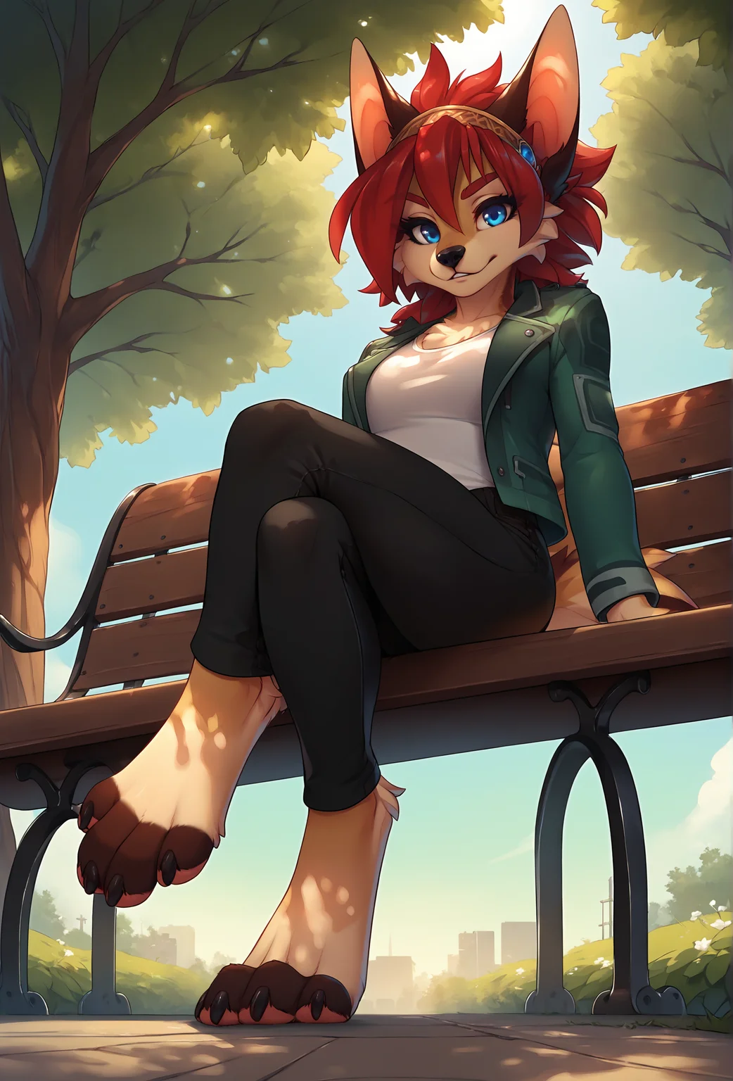 score_9, score_8_up, score_7_up, score_6_up, score_5_up, score_4_up, park, bench, dappled sunlight, tree, source_furry BREAK
<lora:ayn_fluffkevlar_ponyXL_v1.3_0.99:1> ayn, 1girl, furry , blue eyes, red hair, looking at viewer, red eyebrows, feet, digitigrade, sitting, crossed legs, green jacket, white shirt, black pants, hairband, leaning back, from below