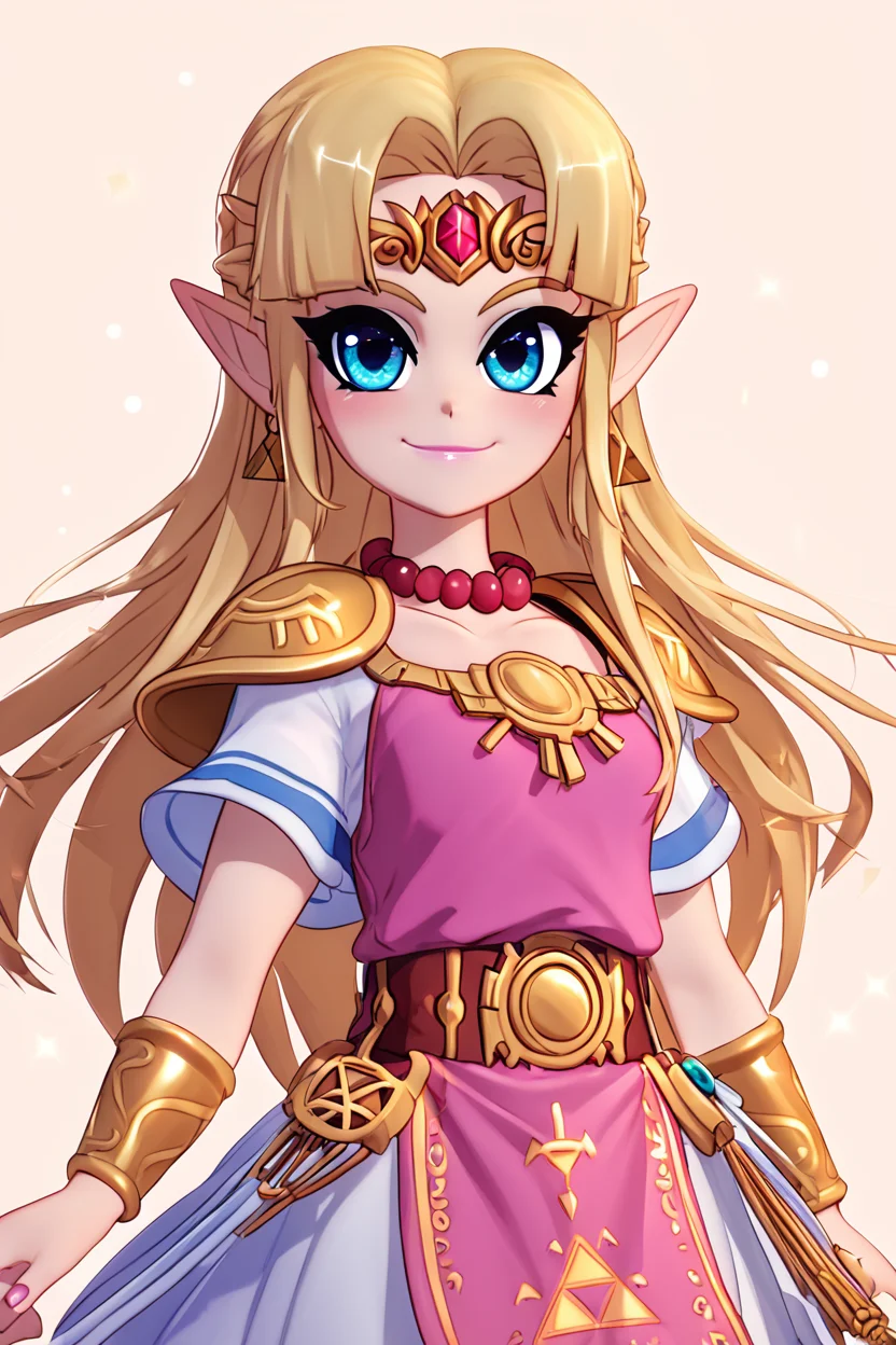 score_9, score_8_up, score_8, medium breasts, (curvy), cute, eyelashes,       BREAK, , zzUZelda, blonde hair, jewelry, dress, pink tabard, triforce, circlet, armor, earrings, necklace, shoulder armor, tiara, <lora:UltimatePrincessZelda_PDXL_v1:0.8>,, BREAK, smile, closed mouth, looking at viewer, cowboy shot, embedding:zPDXL, Expressiveh, <lora:MantisStyle_PDXL_v2:0.8>,  <lora:SDXLFaeTastic2400:0.5>,  <lora:Expressive_H-000001:0.4>,