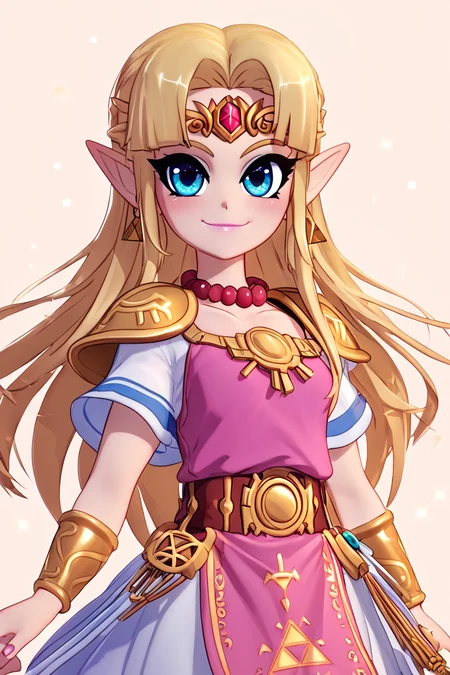 score_9, score_8_up, score_8, medium breasts, (curvy), cute, eyelashes,       BREAK, , zzUZelda, blonde hair, jewelry, dress, pink tabard, triforce, circlet, armor, earrings, necklace, shoulder armor, tiara, <lora:UltimatePrincessZelda_PDXL_v1:0.8>,, BREAK, smile, closed mouth, looking at viewer, cowboy shot, embedding:zPDXL, Expressiveh, <lora:MantisStyle_PDXL_v2:0.8>,  <lora:SDXLFaeTastic2400:0.5>,  <lora:Expressive_H-000001:0.4>,