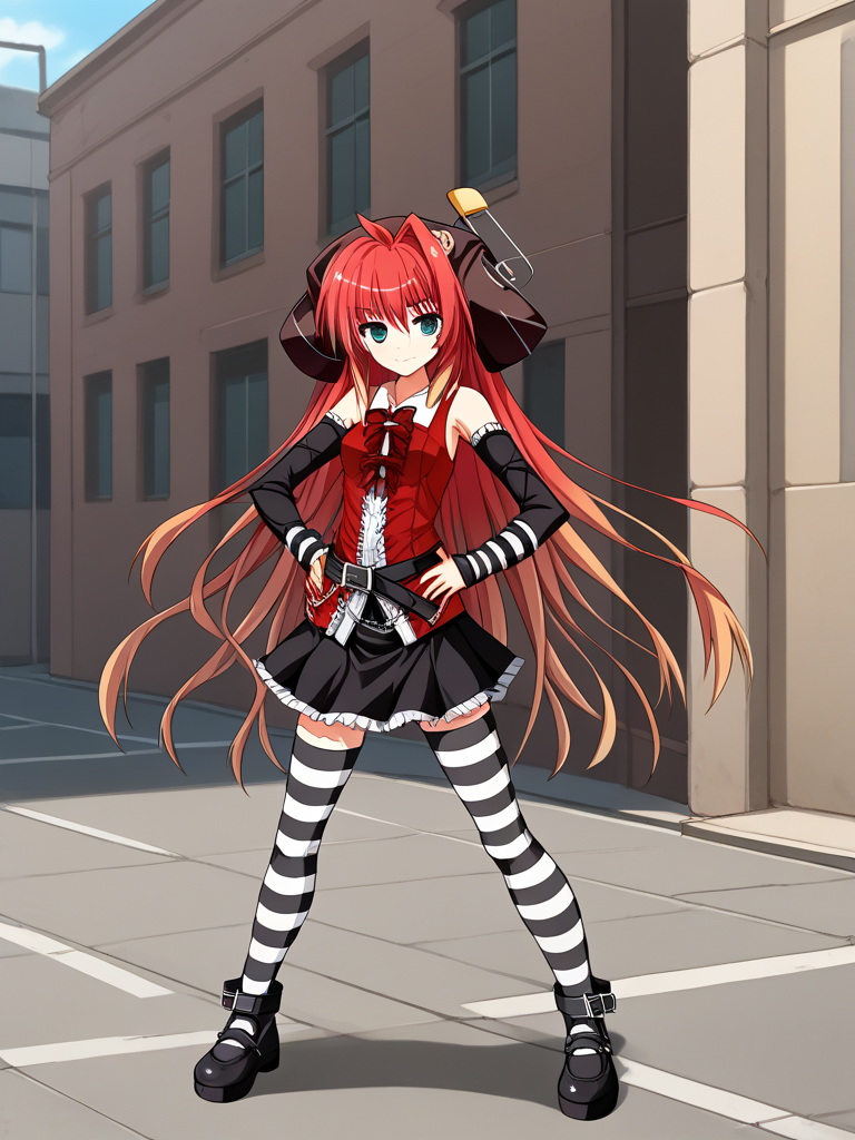 1girl, solo, momijiEXAEXSFA, red hair, gradient hair, very long hair, multicolored hair, single hair intake, ahoge, aqua eyes, hat, red shirt, collared shirt, detached sleeves, bare shoulders, neck bow, red bow, black skirt, frills, belt, chain, asymmetrical legwear, single thighhigh, single sock, striped, mary janes, outdoors, street, standing, hands on hips, smile, teeth, full body,