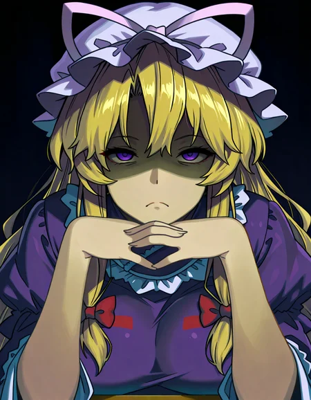 masterpiece, best quality, amazing quality,, <lora:yukari-yakumo-illustriousxl-lora-nochekaiser:1>, yukari yakumo, purple eyes, blonde hair, sidelocks, long hair, hair bow, bangs, multiple hair bows, mature female, breasts,, <lora:gendou-pose-illustriousxl-lora-nochekaiser:1>, gendou pose, own hands clasped, own hands together, parody, shaded face, looking at viewer, frown, elbow rest,, ,
