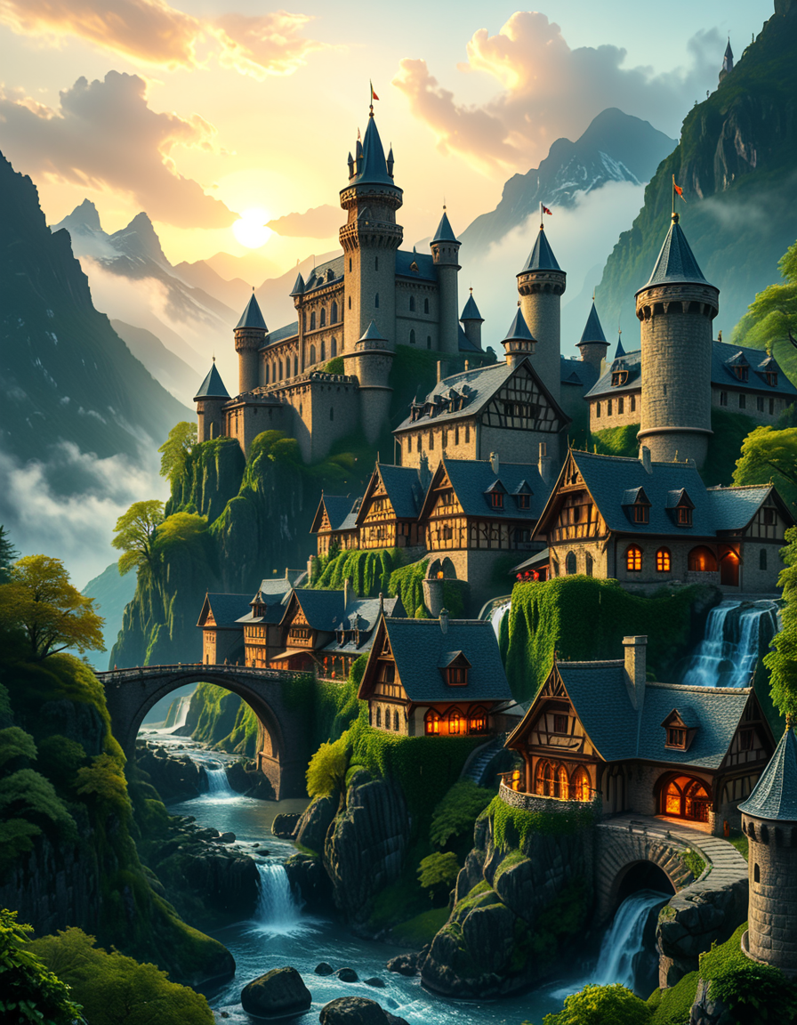 A breathtaking medieval fantasy city nestled in a lush valley, surrounded by towering mountains and dense forests. A grand castle with multiple towers and turrets stands atop a hill, overlooking the town below. The city consists of charming half-timbered houses with glowing windows, perched on rocky cliffs and connected by stone bridges over cascading waterfalls. The river flows through the village, reflecting the warm golden lights of lanterns and torches. Ivy and moss grow over the stone walls, adding to the enchanted, ancient atmosphere. The background features misty mountains with additional fortresses and watchtowers, partially hidden by low-hanging clouds. The sky is illuminated by a soft, warm sunset, casting a golden glow on the scenery, creating a perfect blend of realism and fantasy. Highly detailed, cinematic, and immersive, with a magical, fairy-tale ambiance.
<lora:SDXLFaeTastic2400:0.4> <lora:extremely_detailed:0.4> extremely detailed, <lora:medieval_f4nt4sy_c1ty:1>,medieval f4nt4sy c1ty, Masterpiece,best quality,hi res,8k,hi res,8k,award winning,(sharp focus, intricate, highly detailed),