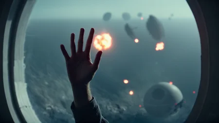 cinematic film still of <lora:star wars style v2:0.2>
<lora:detailed:0.4> detailed
<lora:perfection style:0.4> perfect
<lora:PerfectEyesXL:0.5>
<lora:Chiaroscuro Lighting Style:0.3>
<lora:Death Star:0.8>
Death Star a hand reaching out on a glass window towards a destroyed planet with a fireball,blurry,no humans,depth of field,pov,star (sky),scenery,reflection,blurry foreground,realistic,space,planet,earth (planet) , star wars style, cinematic, shallow depth of field, vignette, highly detailed, high budget, bokeh, cinemascope, moody, epic, gorgeous, film grain, grainy