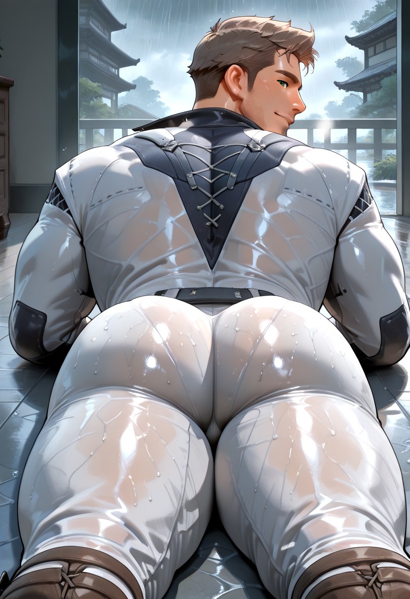 sexy, steaming hot, very awa, masterpiece, best quality, absurdres, newest, perfect quality, detailed background, intricate details, bara, 1man, light skin tone, huge pecs, muscular, thick thighs, slim waist, perfect face, mature male, final fantasy, white costume, pilot costume, black gloves, game character, muscular, muscular legs, stubble, facial hair, light brown hair, green eyes, raining, male professor, dynamic lighting, tall and masculine, mature male, solo, boots, daddy, vintage game screenshot, lying on stomach, lying on the floor, from behind, large eyes, smiling, looking back, enormous butt, very sweaty, bottom boy, big bottom, seducing butt