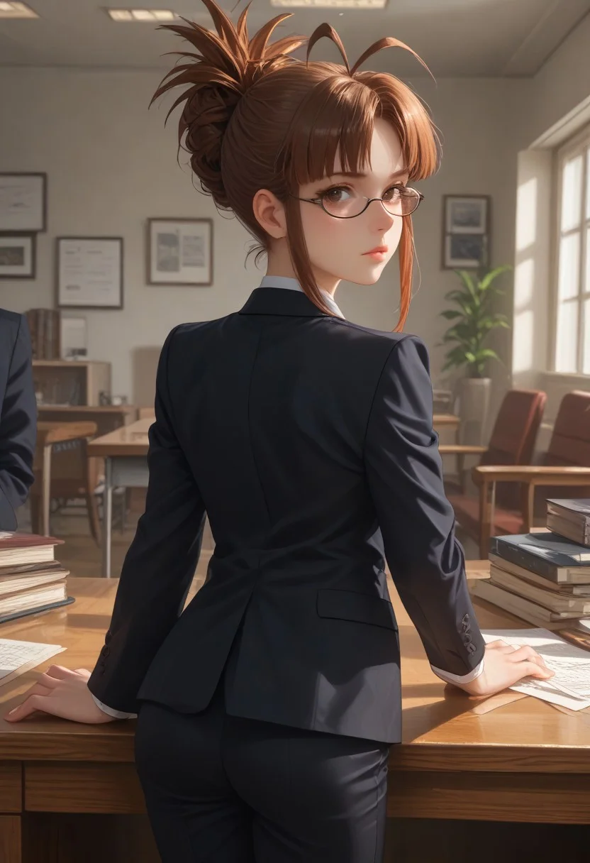 score_9, score_8_up, score_7_up, score_6_up, score_5_up, score_4_up, ultra sharp
1 girl, petite, legal age, 19 years old, mature,
Flat chest, small breasts,
akzkrtk, long hair, brown hair, folded ponytail,antenna hair, brown eyes, glasses, flat chest, small breasts,
White short, black tie, black man suit, suit
pants
necktie
Rear view, looking viewer, view ass
In office, desk
