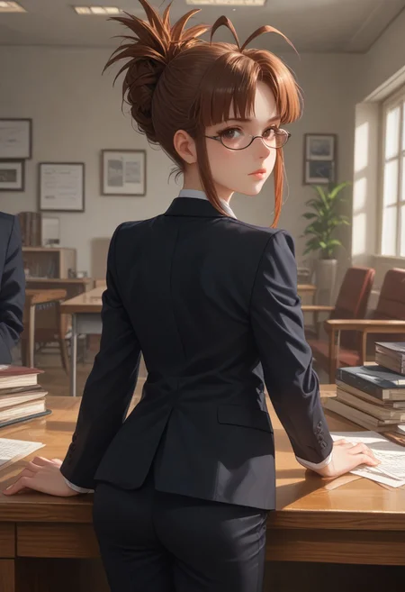 score_9, score_8_up, score_7_up, score_6_up, score_5_up, score_4_up, ultra sharp 
1 girl, petite, legal age, 19 years old, mature,
Flat chest, small breasts,
akzkrtk, long hair, brown hair, folded ponytail,antenna hair, brown eyes, glasses, flat chest, small breasts,
White short, black tie, black man suit, suit
pants
necktie
Rear view, looking viewer, view ass
In office, desk