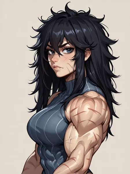 score_9, score_8_up, score_7_up, score_6_up, score_5_up, score_4_up, simple background, (portrait, close-up:1.1), side view BREAK
<lora:Ramia-yana-pony-07:0.8> 1girl, Ramiaxl, black hair, long hair, messy hair, muscular female, covered in scars, looking at viewer, mouth closed, leotard