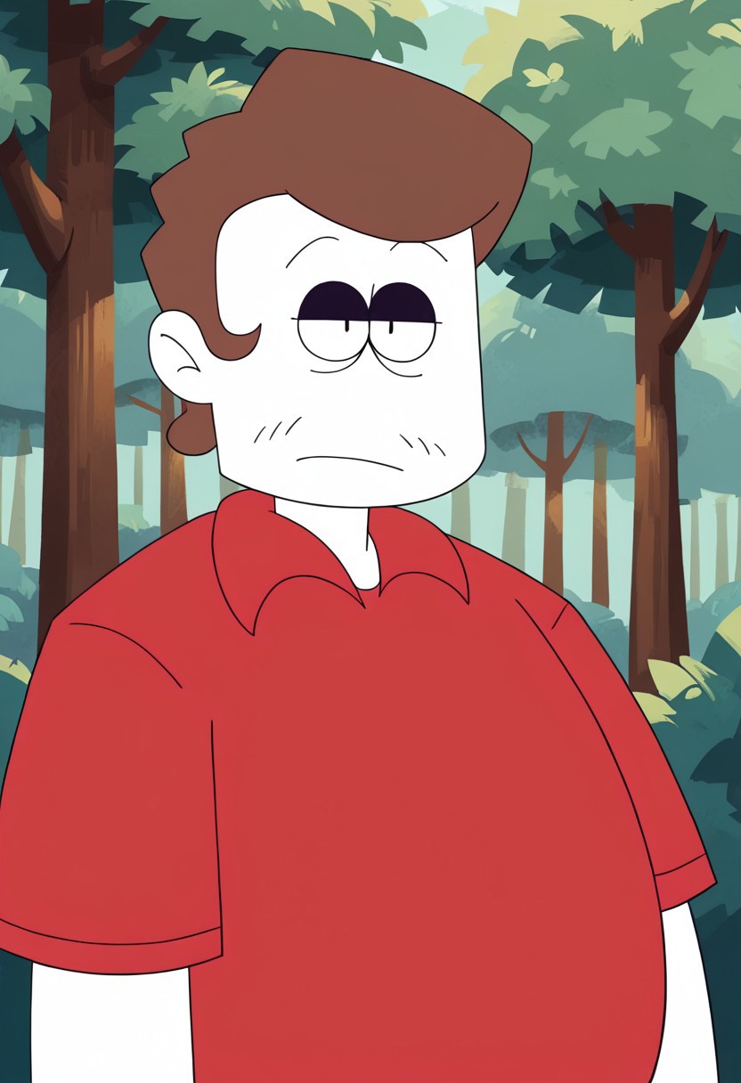 male, white skin, solo, chubby build, fat, Red Shirt, Tired Expression, Short-Sleeved Shirt, forest background, 4k, masterpiece, best quality, highly detailed, high quality, extreme quality, BREAK, fighting pose, upper body, face focus