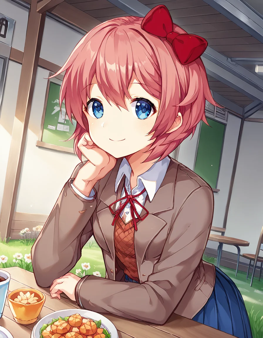 score_9, score_8_up, score_7_up, source_anime, <lora:ddlc-sayori-ingame-ponyxl-lora-nochekaiser:1>, sayori, blue eyes, hair between eyes, hair bow, hair ornament, pink hair, red bow, short hair,, blue skirt, pleated skirt, school uniform, skirt, brown jacket, jacket,, meadow, grass, flowers, open, sunlight, , <lora:pov-across-table-ponyxl-lora-nochekaiser:1> pov across table, pov dating, restaurant, table, meal, care, cup, head rest, smile, elbow on table, food, elbow rest,, looking at viewer, solo,, dutch angle, cowboy shot