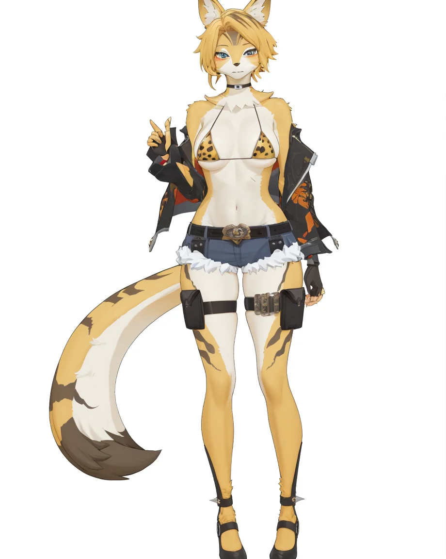 8k,best quality,masterpiece,(ultra-detailed),(high detailed skin),(by nanoless, by misumi \(macaroni\),:0.5),
A full-body portrait of a young girl,standing gracefully,pastel art style,high-key lighting,shoujo manga influence,hd quality,delicate details,
full body,full shot,standing,looking at viewer,(solo:1.2),simple background,white background,
<lora:Pulchra-sd-Tanger-000019:0.8>,pulchra fellini \(zenless zone zero\),micro bikini,cheetah girl,fur skin,furry,1girl,animal ears,tail,fingerless gloves ,short hair,shorts,belt,blonde hair, thigh strap,full body fur,