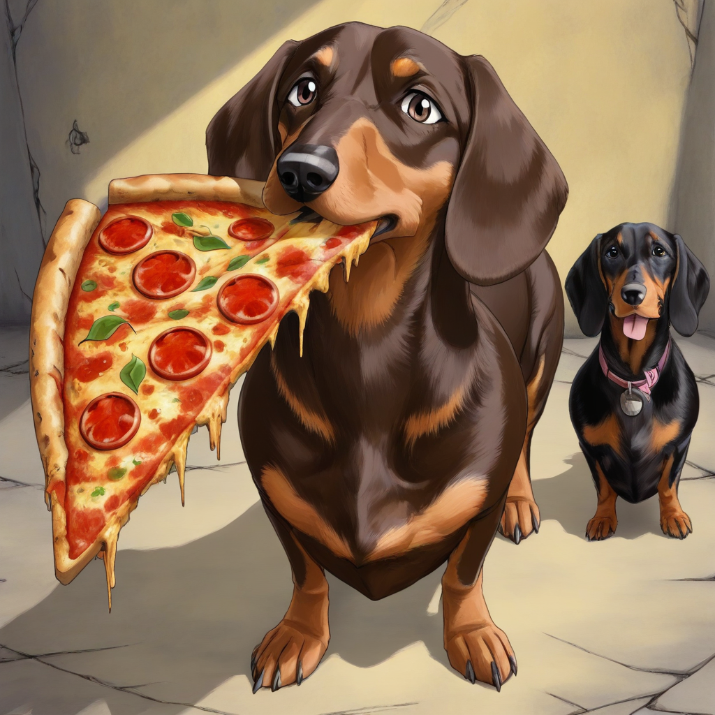masterpiece, best quality, newest, absurdres, highres, vintage anime, 90s anime, DSV1.1-IL, dachshund, dog, animal focus, animal, DSV1.1-IL-PizzaDog, pizza, food,