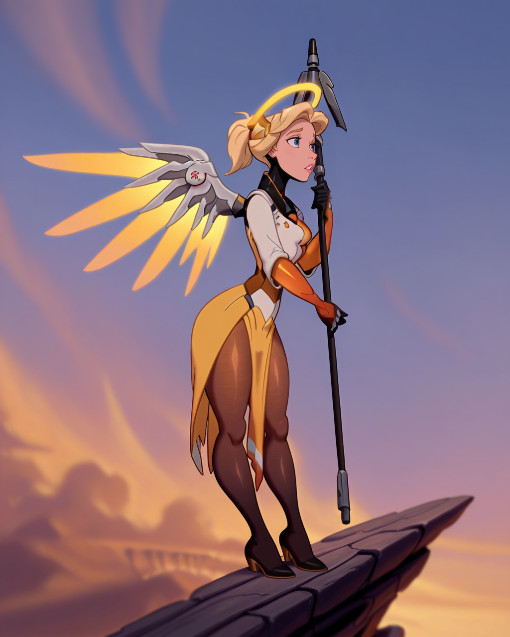 masterpiece, best quality, amazing quality, absurdres, DisneyRenstyle,mercyxd, blonde hair, halo, wings, mechanical wings, pantyhose, medium breasts, yellow wings, staff, bodysuit<lora:Disney_Renaissance_IllustriousV1:1> <lora:Mercy_-_Overwatch_Illustrious:1>