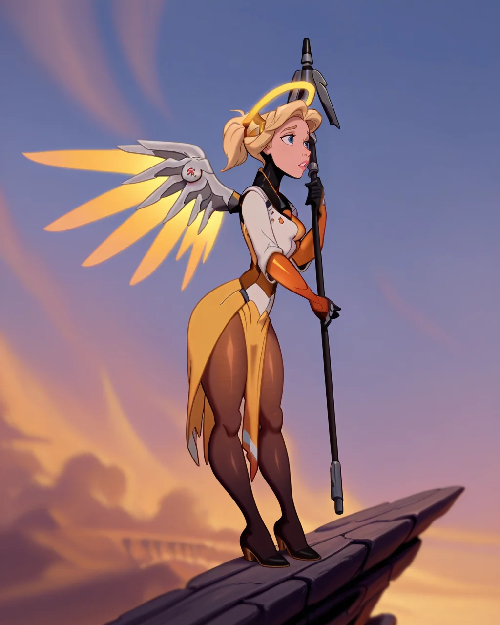 masterpiece, best quality, amazing quality, absurdres, DisneyRenstyle,mercyxd, blonde hair, halo, wings, mechanical wings, pantyhose, medium breasts, yellow wings, staff, bodysuit<lora:Disney_Renaissance_IllustriousV1:1> <lora:Mercy_-_Overwatch_Illustrious:1>