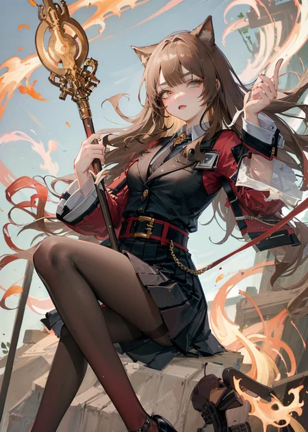 (dutch angle), (intricate details), colorful, (faux traditional media), looking down, from below, full body,
<lora:skyfire_04:0.8>, skyfire \(arknights\), arknights, wearing black blazer under cropped red jacket, cat ears, (cat tail), pantyhose, black skirt, black necktie, white collared shirt, brown hair, (high heels), (finely detailed eyes and detailed face:1.3), anime nose, (tsurime:1.3, eyeliner, sharp eyelashes:1.2, solid eyelid), messy hair, unkempt, half-closed eyes, one eye closed,
holding staff, flame effect, ruin, overgrown, scenery