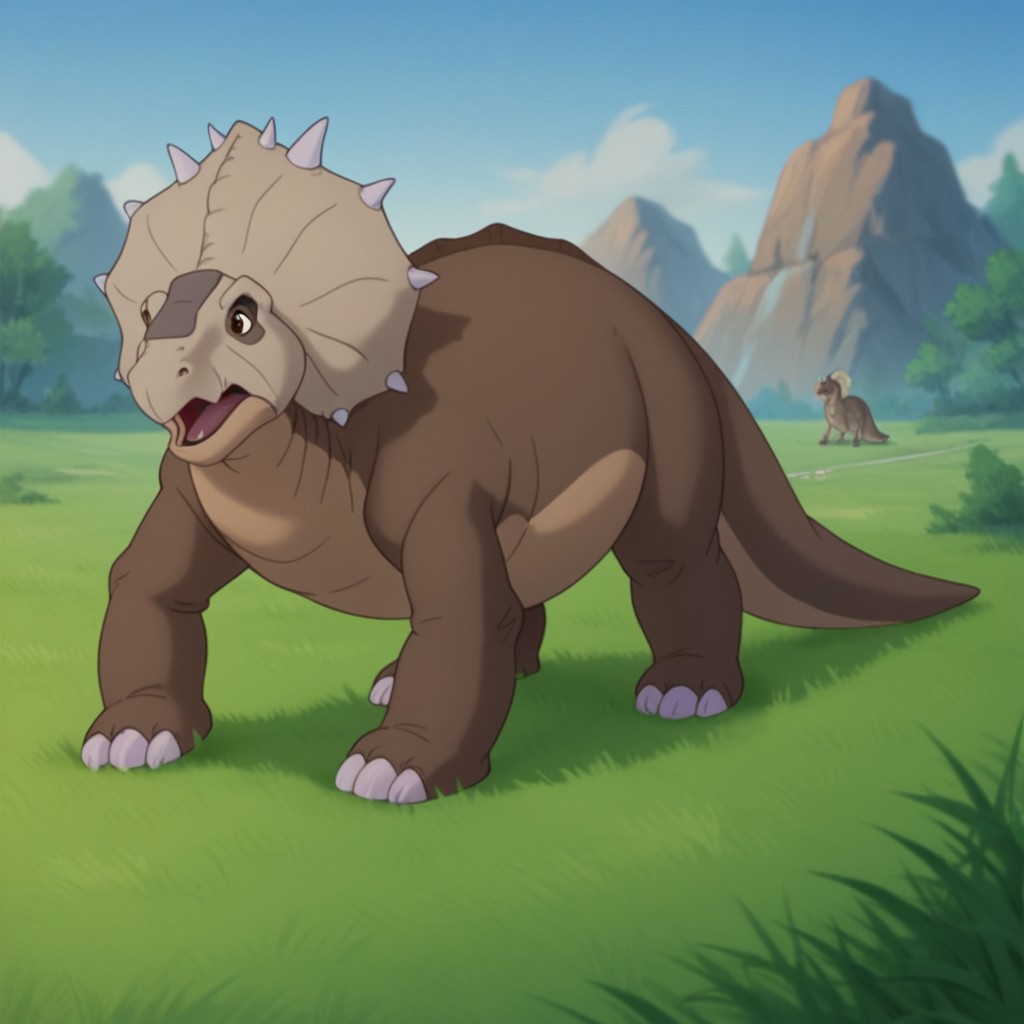 score_9, score_8_up, score_7_up, score_6_up, score_5_up, score_4_up, source_furry, thicknoselbt, feral, male,dinosaur, crest, spikes, Pachyrhinosaurus, brown skin, brown eyes,, standing, in a grassy field, open mouth