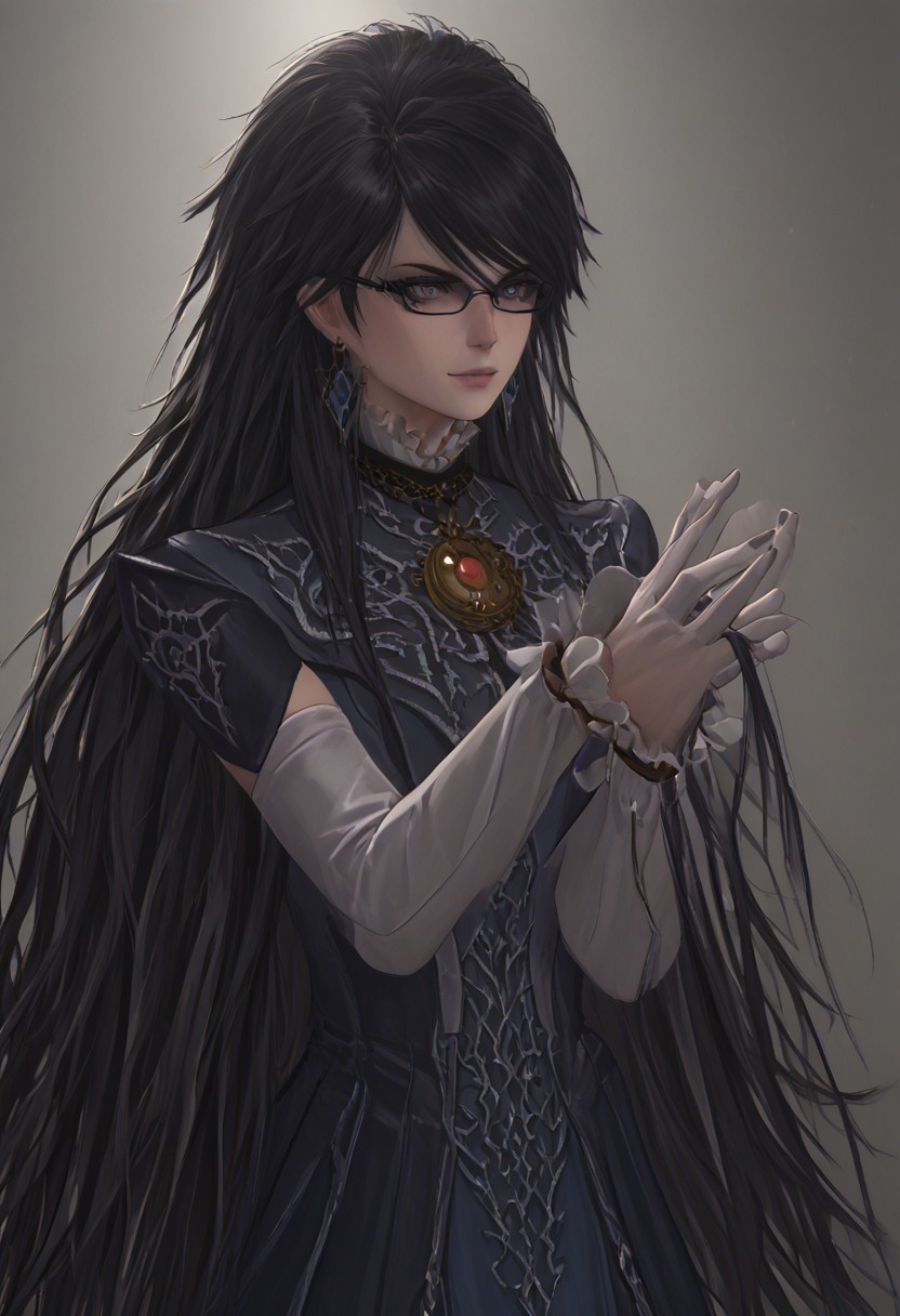 ,score_9, score_8_up, score_7_up,<lora:brawl_style_1_2_R:0.8>, 1girl, brawl, bayonetta 2, Black Hair, Very Long Hair, Epic Hair, Big Hair, Wavy Hair, Ponytail, Dual Bun, Brawl Stars Style, Blue Triangle Earrings, Gray Eyes, White Long Gloves, Long Sleeves, Skirt, Eyeglasses, Half Body, {{Sakimichan Style}}