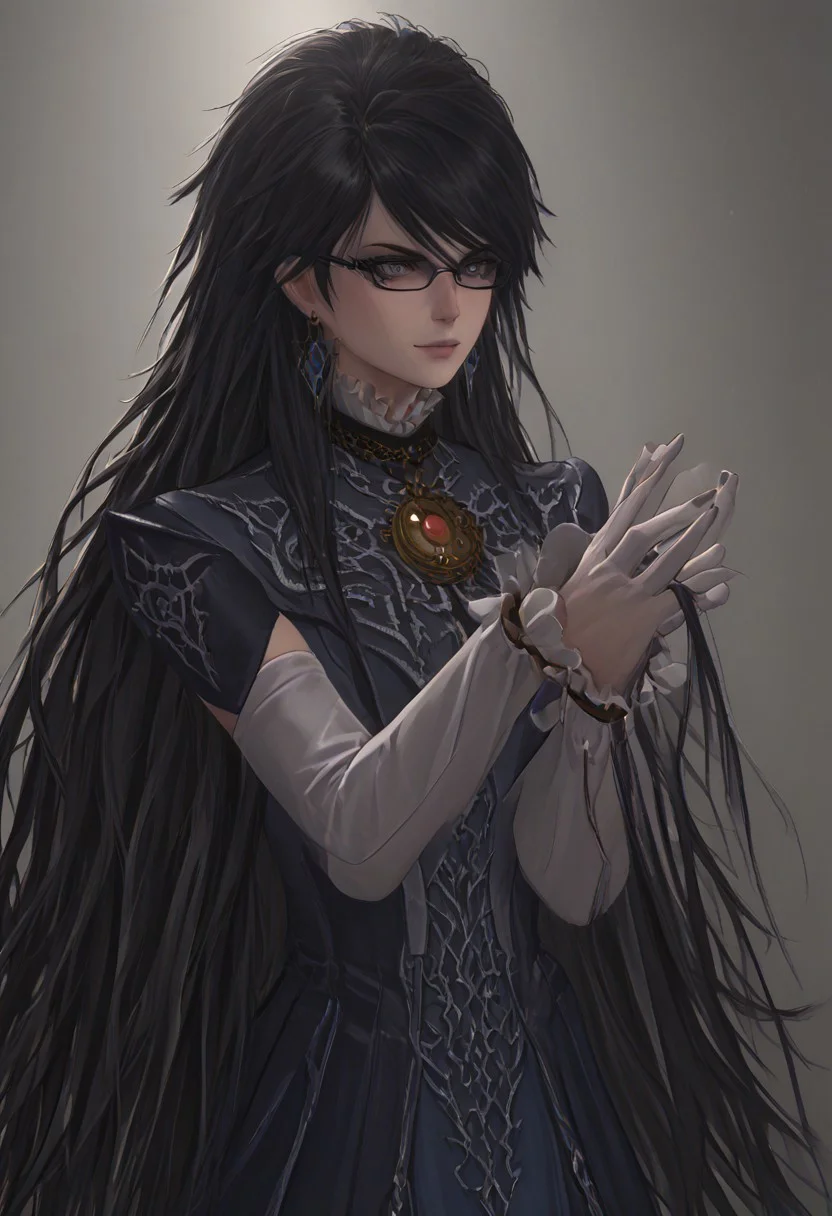 ,score_9, score_8_up, score_7_up,<lora:brawl_style_1_2_R:0.8>, 1girl, brawl, bayonetta 2, Black Hair, Very Long Hair, Epic Hair, Big Hair, Wavy Hair, Ponytail, Dual Bun, Brawl Stars Style, Blue Triangle Earrings, Gray Eyes, White Long Gloves, Long Sleeves, Skirt, Eyeglasses, Half Body, {{Sakimichan Style}}