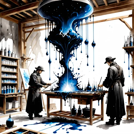 Ink Dripping Drawing of Celestial Artificers in the Workshop of Worlds <lora:add-detail-xl:0.85>, ink drawing, ink splash, ink wash, dripping ink