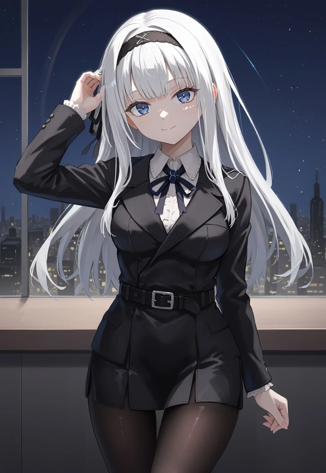 SanaAdjutant, long hair, black hairband, medium breasts, blue eyes, white hair, hair ribbon, bangs, black jacket, neck ribbon, black pantyhose, long sleeves, black dress, belt,
looking at viewer, adjusting hair, head tilt, closed mouth, light smile,
window, city, cityscape, dark, night, night sky,
1girl, solo, solo focus, highres, absurdres, light particles, shade, lens flare, shiny skin, fine fabric emphasis,