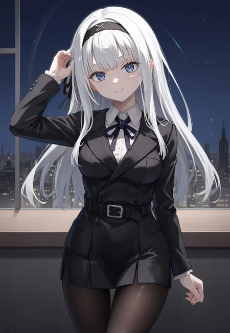 SanaAdjutant, long hair, black hairband, medium breasts, blue eyes, white hair, hair ribbon, bangs, black jacket, neck ribbon, black pantyhose, long sleeves, black dress, belt,

looking at viewer, adjusting hair, head tilt, closed mouth, light smile, 

window, city, cityscape, dark, night, night sky,

1girl, solo, solo focus, highres, absurdres, light particles, shade, lens flare, shiny skin, fine fabric emphasis,