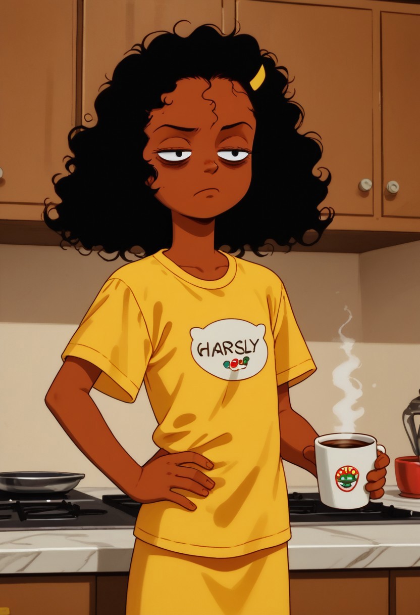 score_9, score_8_up, score_7_up, retro artstyle
1girl, solo, Ashley B RC, black hair,curly hair, ashley b rc, yellow hair ornament, , dark skin, flat chest,bottomless,
indoors, kitchen, wear only oversize t-shirt, covered nipples, loose clothes, open clothes, holding a cup of coffee, one hand on hip,eyes half closed, sleepy eyes, bags under eyes, perfect hands,