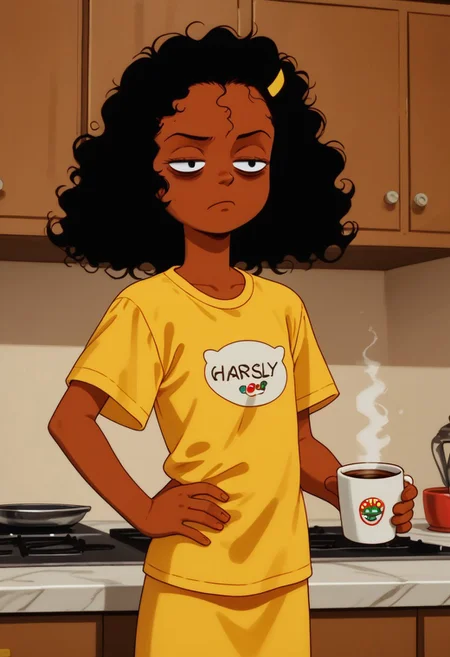 score_9, score_8_up, score_7_up, retro artstyle
1girl, solo, Ashley B RC, black hair,curly hair, ashley b rc, yellow hair ornament, , dark skin, flat chest,bottomless,
indoors, kitchen, wear only oversize t-shirt, covered nipples, loose clothes, open clothes, holding a cup of coffee, one hand on hip,eyes half closed, sleepy eyes, bags under eyes, perfect hands,