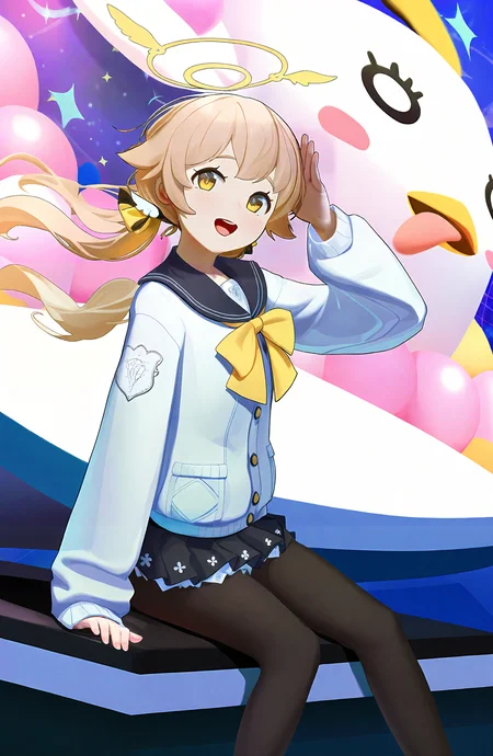 hifumi_\(blue_archive\), peroro_\(blue_archive\), 1girl, solo, long_hair, looking_at_viewer, smile, open_mouth, skirt, long_sleeves, sitting, twintails, school_uniform, yellow_eyes, pantyhose, pleated_skirt, black_skirt, sailor_collar, blurry, halo, black_pantyhose, low_twintails, light_brown_hair, cardigan, white_cardigan