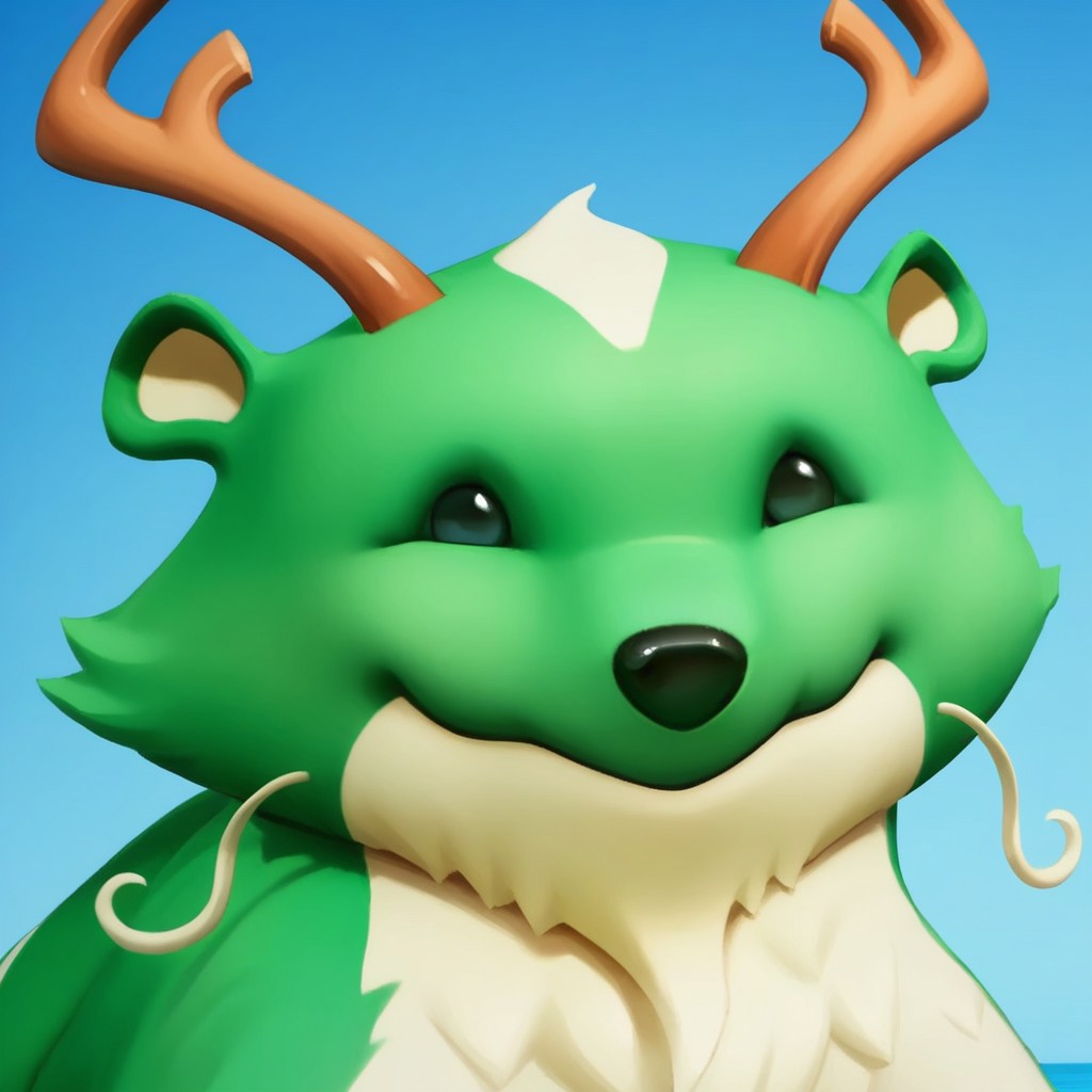 score_9, score_8_up, score_7_up, masterpiece, best quality, highly detailed, realistic, 1girl, solo, (ReindogMV, furry, feral, canine, reindeer, hybrid, antlers, black eyes, black nose, white inner ear, white whiskers, green body, green fur, white body, white fur, close-up), looking at viewer, smile, closed mouth, Expressiveh, blue background, simple background