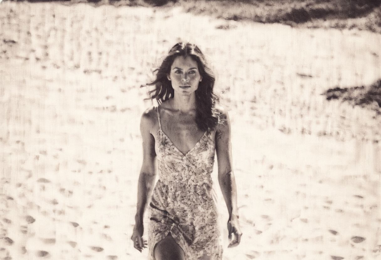 lith_agenta_leinwand, instagram photo, full photo of 26 y.o american woman walking on a beach, summerdress , perfect detailed eyes, natural skin, hard shadows, film grain