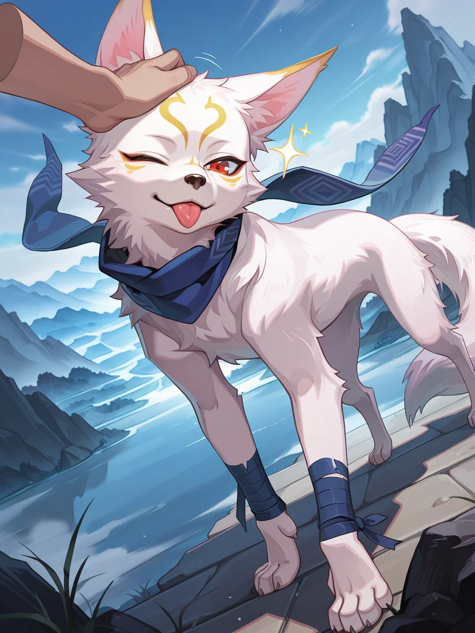 masterpiece, best quality, amazing quality,dutch angle,feral,fox,
k@nk0,fox boy,1boy,solo,male focus,red eyes,one eye closed,gold facial mark,facial mark,blue scarf,wrist bandages,closed mouth,tongue out,happy,all fours,(disembodied hand, head rub),looking at viewer,mountain, sparkles, sparkle,
<lora:Kanko_IL:1>