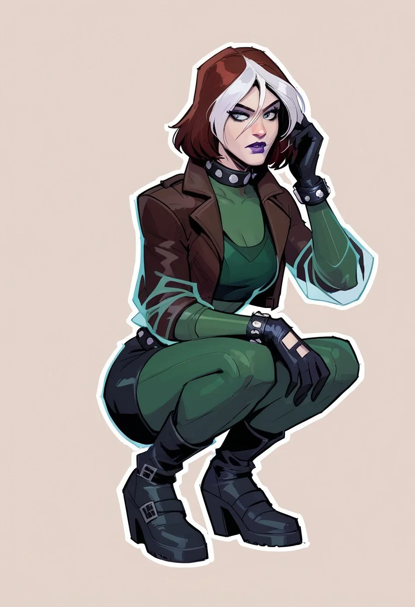 score_9, score_8_up, score_7_up, score_6_up, {Rogue, marvel}, 1girl, pale skin, lilac lips, lilac makeup, short brown hair with white bangs, EVOrogue, black sports bra, studded collar, green mesh top (covered chest), green transparent blouse, long sleeves, gray eyes, black leather skirt, black tights, big black boots, studded bracelets, leather gloves, brown bomber jacket, fur trim, hood,
casual clothes, goth outfit, 
detailed face, pretty face, outline, cel-shading, sketch, 
Crouching, closed legs, view from the side,