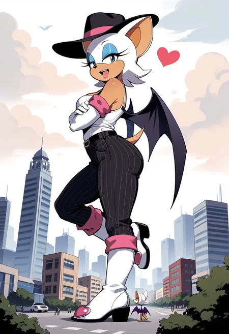 score_9, score_8_up, score_7_up, score_6_up, score_5_up, score_4_up, high quality, (Extremely detailed), 1.5, <Lora:add-detail-xl:1.5>, rouge, animal ears, bat ears, bat girl, bat tail, bat wings, eyeliner, furry, furry female, green eyes, makeup, tail, white hair, wings, eyeshadow,, bare shoulders, boots, elbow gloves, gloves, heart, knee boots, white footwear, white gloves, eyes, black fedora hat, white tank top, black pinstripe suit pants, cowboy boots Marco, Giantess, giga size, gigantic, city, standing, side view, arms crossed,