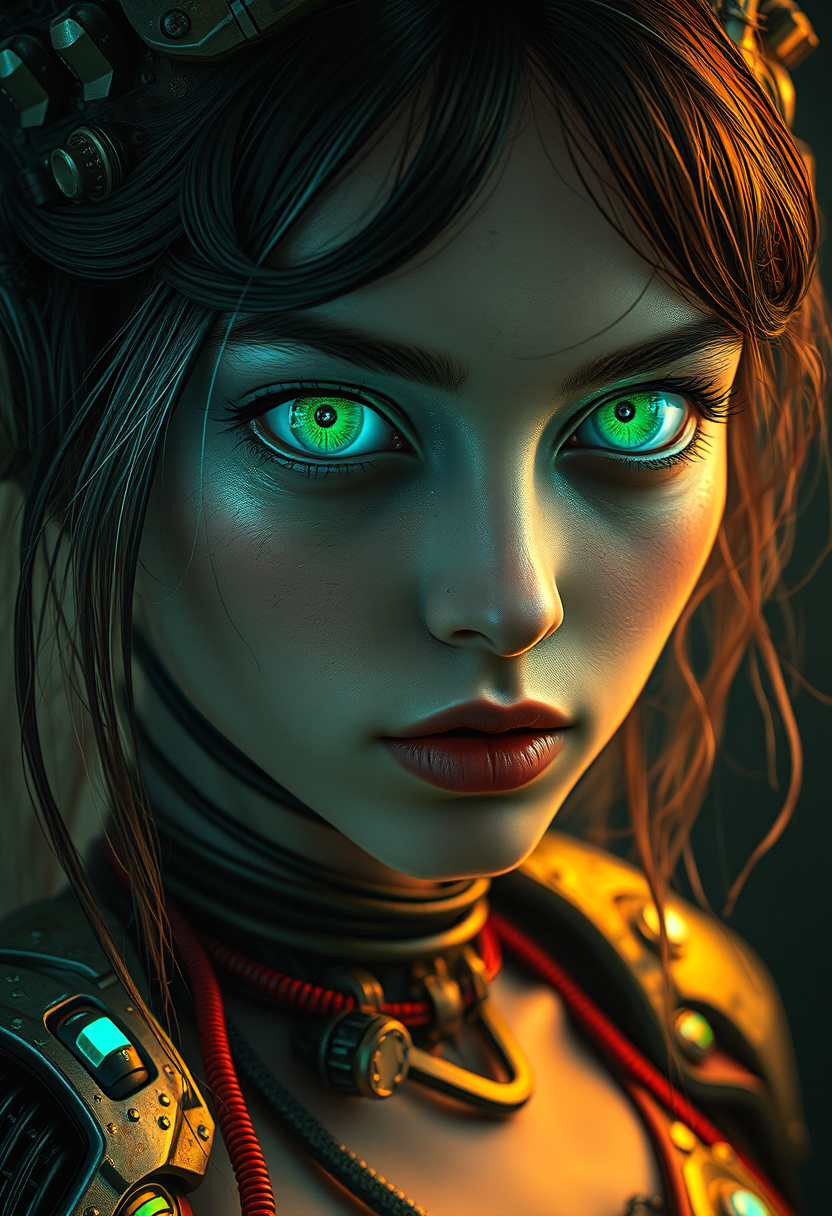 biopunk style, young cyber-occultism Polish woman, machine-driven with an unwavering willpower. dimly glowing biomechanical eyes. Her incantation is laden with binary codes, constructed from salvaged scraps and advanced engineering, traversing the dark corners of technology, driven to understand the unknown. style of Chris Cold  style of  Benedick Bana, messy, streaks , <lora:other/flux_realism_lora> , . fusion of organic biology and synthetic machinery, blending genetic engineering, cybernetic enhancements, and advanced biotechnology, featuring intricate patterns of circuitry and microorganisms, grafted limbs and organs, and an atmosphere of unease and uncertainty, mythpunk style . mythological and legendary aesthetic with magical elements, otherworldly inspirations, and futuristic technology
