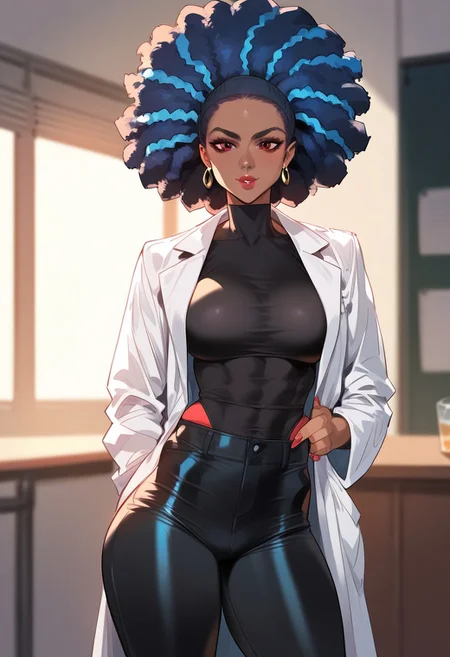 score_9, score_8_up, score_7_up, score_6_up, score_5_up, score_4_up, masterpiece, best quality, BREAK,
1girl, 42 years old, crimson eyes, athletic build, African, afro, greying hair, blue hair streak, white lab coat, black shirt, black pants,
<lora:Lucyla_Art_Style:1>
