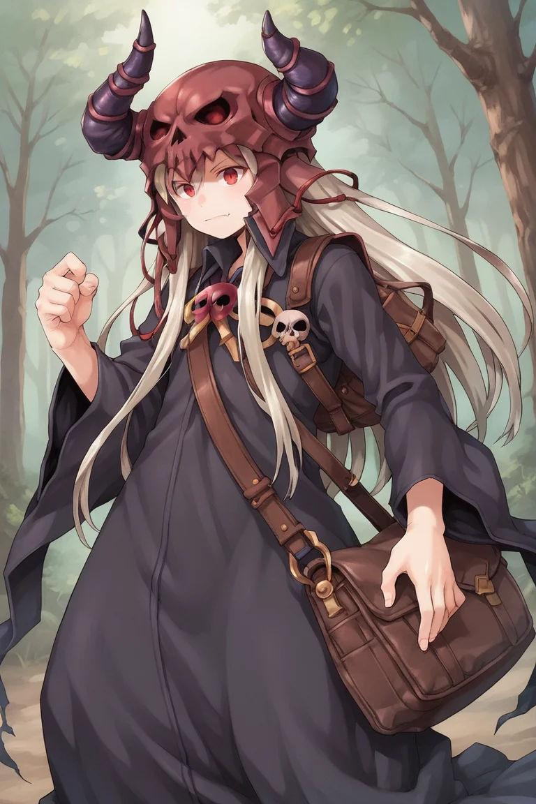 (score_9, score_8_up, score_7_up, score_6_up), source anime, BREAK, <lora:Necromancer:0.75> , necdef, 1boy, red eyes, long hair, grey hair, horned helmet, skull brooch, collared robe, black robe, long sleeves, bag, looking at viewer, solo, standing, smile, (cowboy shot), action pose, dynamic pose, <lora:zy_Detailed_Backgrounds_v1:0.3> , detailed background, highly detailed, outdoors, forest, <lora:90s4n1m3XLP:0.6> , 90s4n1m3,