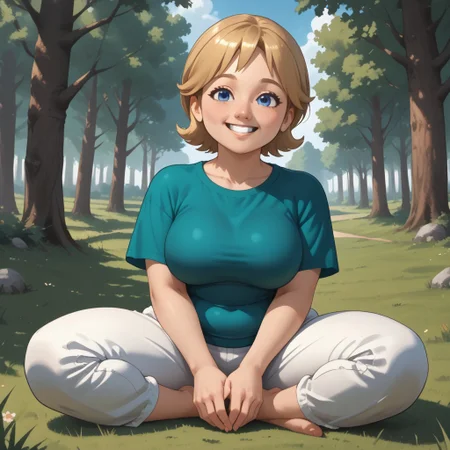 score_9, score_8, BREAK, solo, mii, wii, wii sports resort, 1girl, female mii, cute, blonde hair, black blue eyes, rare eyes, tree shaped nose, buck tooth, double chin, chubby, chubby female, dark green clothing, white pants, barefoot, Megan_(\Wii_Sports_Resort\), Nintendo Mii, modern_mii, classic_mii, big breasts, sexy pose, self portrait, smile, outdoors, sunlight, shadows, evening lighting, natural lighting, forest, trees, grass, orange sky, sunset, sitting, feet, soles