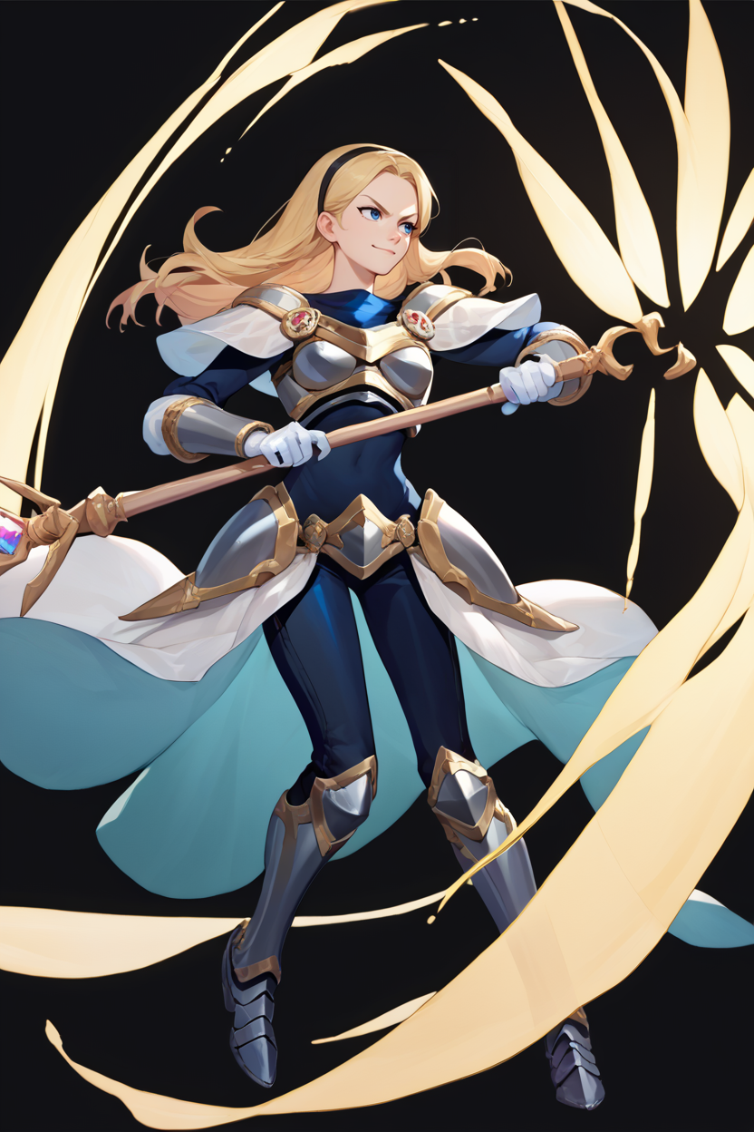 score_9, score_8_up, score_7_up, score_6_up, source_anime, 1girl, solo, <lora:lux-pdxl-nvwls-v1-000005:1> deflux, blonde hair, blue eyes, long hair, black hairband, armor, blue bodysuit, long sleeves, bracers, white gloves, armored boots  <lora:feh-style-richy-v1_pdxl:1> fehatk, full body, standing, black background, holding staff, smirk