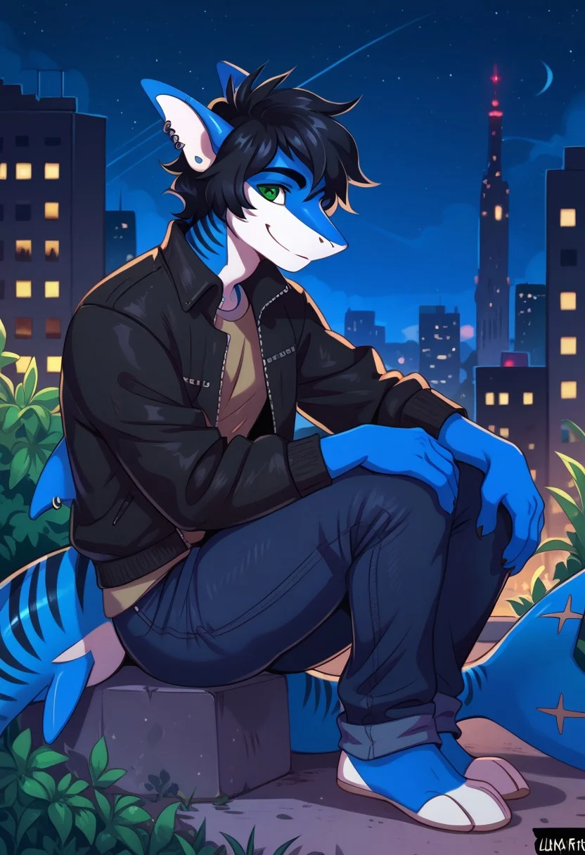 ziffir_stylepxl, score_9, score_8_up, score_7_up, 1boy, solo, lunarsunxl, anthro shark,dark blue skin, stripes on the body, short hair,lush hair,black hair, green eyes, shark tail, ear piercing, BREAK, sitting on the ground, left leg straight, right knee bent, hands on knees, black leather jacket, blue jeans, side view, night sky, looking at the sky, slight smile, background hill outside the city,