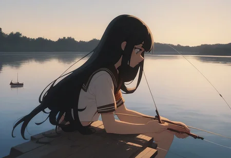 score_9, score_8_up, score_7_up, 1girl, kaju, sailor collar, serafuku, short sleeves, black hair, long hair, fishing, lake