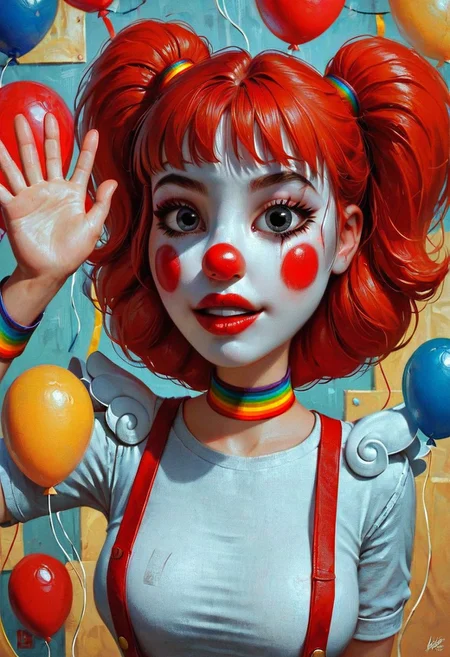 score_9, score_8_up, score_7_up, 1girl, perfecteyes, short, young, busty, petite, (Clown girl:1.3), Pixar, Pigtails, white face paint, red nose, red lipstick, pigtails, tight shirt, suspenders, from the front, under the big top, at the circus, cheerful facial expression, waving, balloons in background