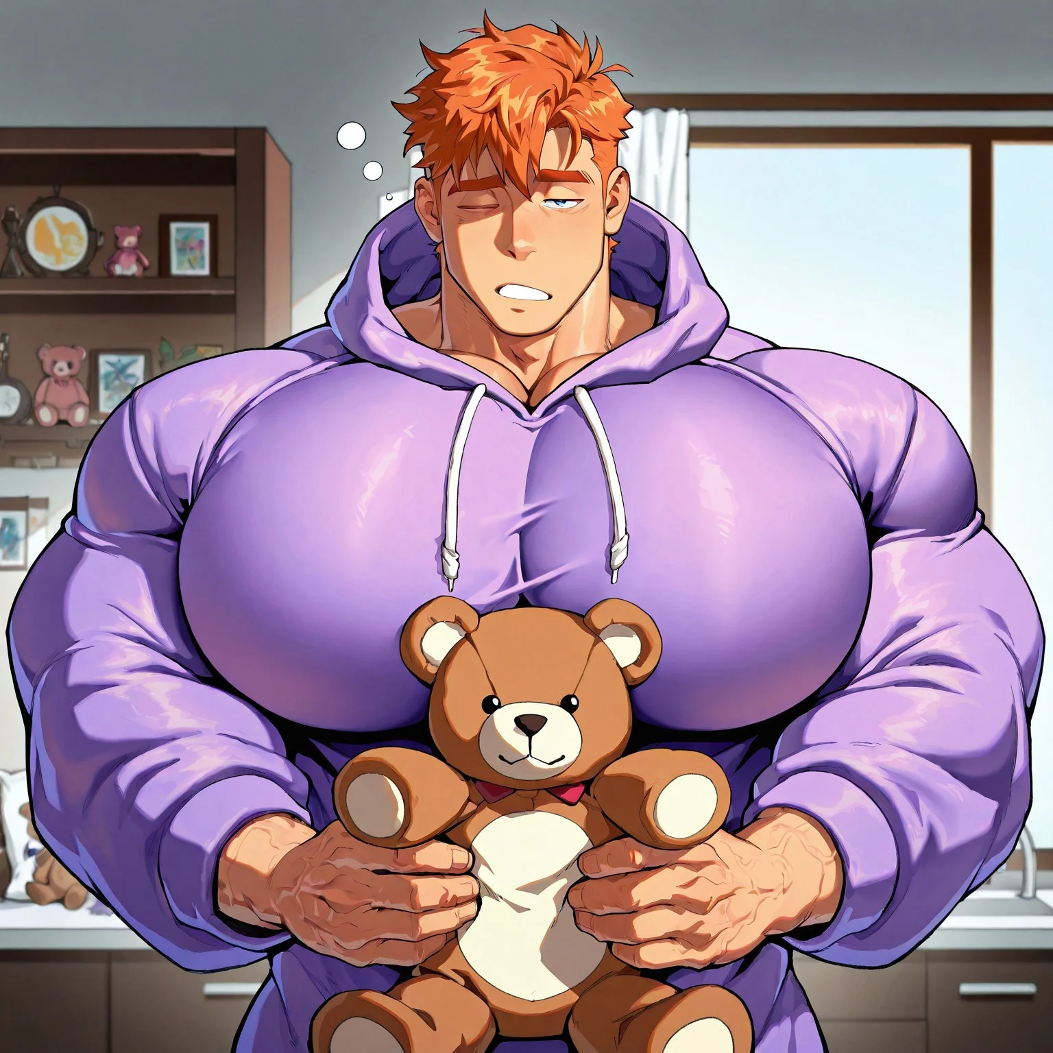 Intricate Details, Masterpiece, Best Quality, 1man, mature, bara, solo, male focus, correct anatomy, perfect hands, stylized seinen anime style, lots of details, shaded, detailed shading, detailed skin, counter shading, handsome, ginger hair, hyper-muscular, hyper pecs, purple onesie, holding teddy bear, sleepy face, bedroom, cute pose